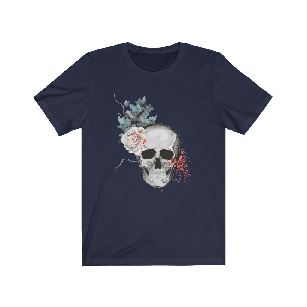 Skull Shirt White Flowers and Leaves Unisex Jersey Short Sleeve Tee