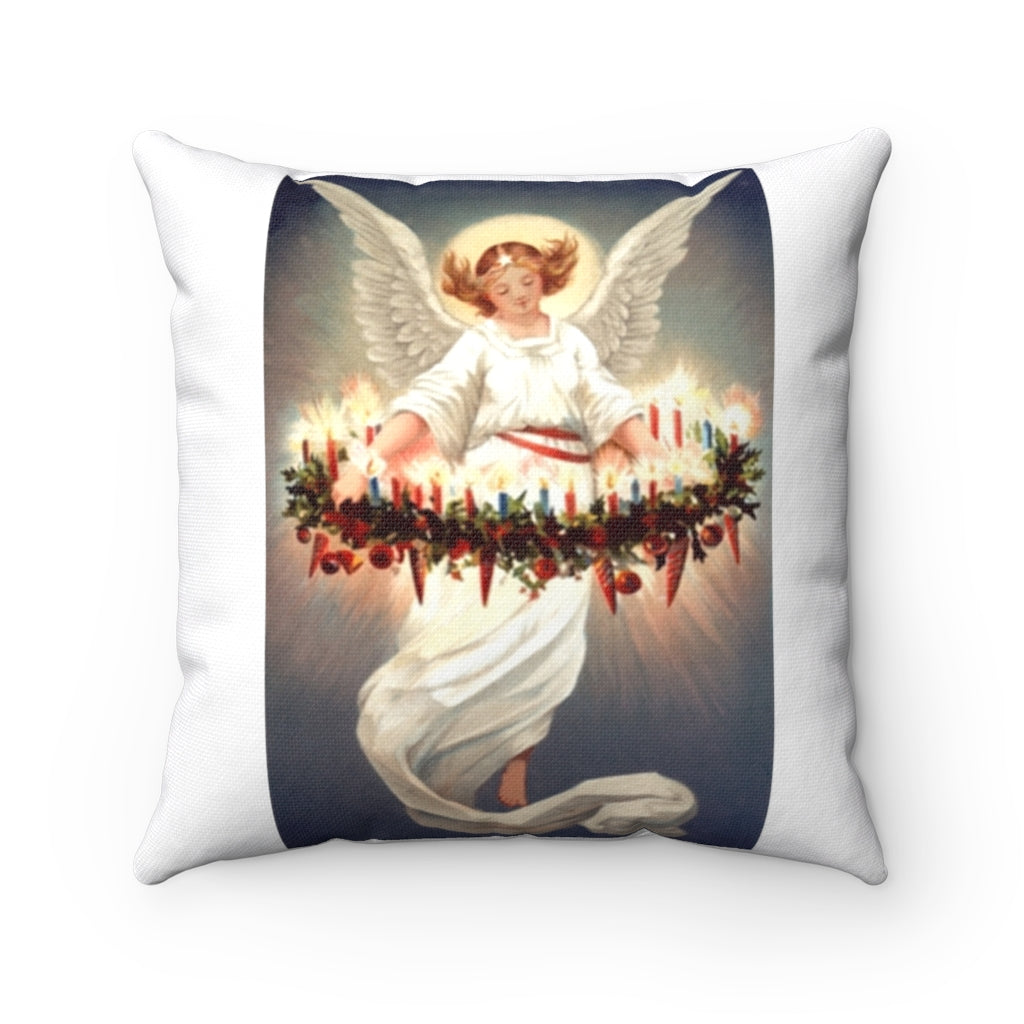Angel in Lighted Wreath Vintage Christmas Decor Spun Polyester Square Pillow