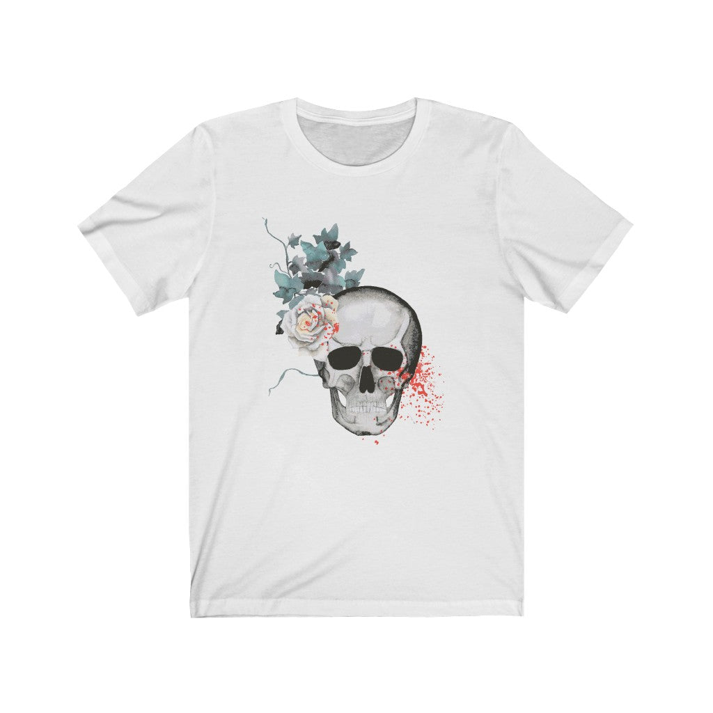 Skull Shirt White Flowers and Leaves Unisex Jersey Short Sleeve Tee