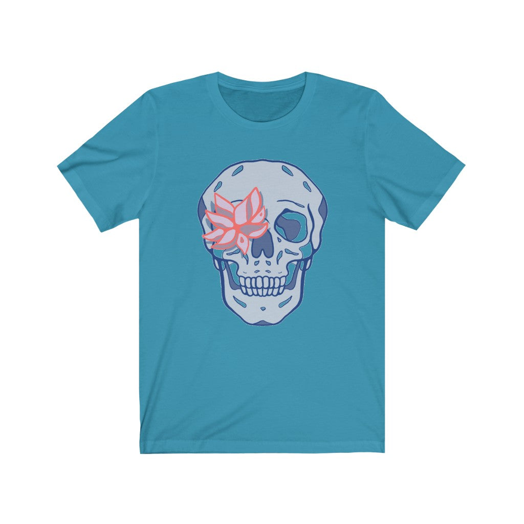 Blue Skull Shirt with Pink Flower Eye Unisex Jersey Short Sleeve Tee