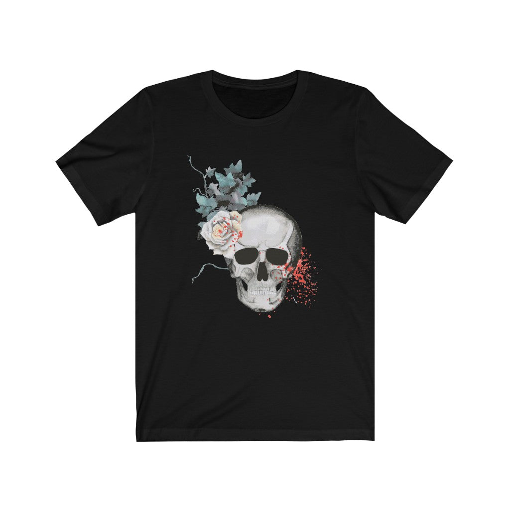 Skull Shirt White Flowers and Leaves Unisex Jersey Short Sleeve Tee