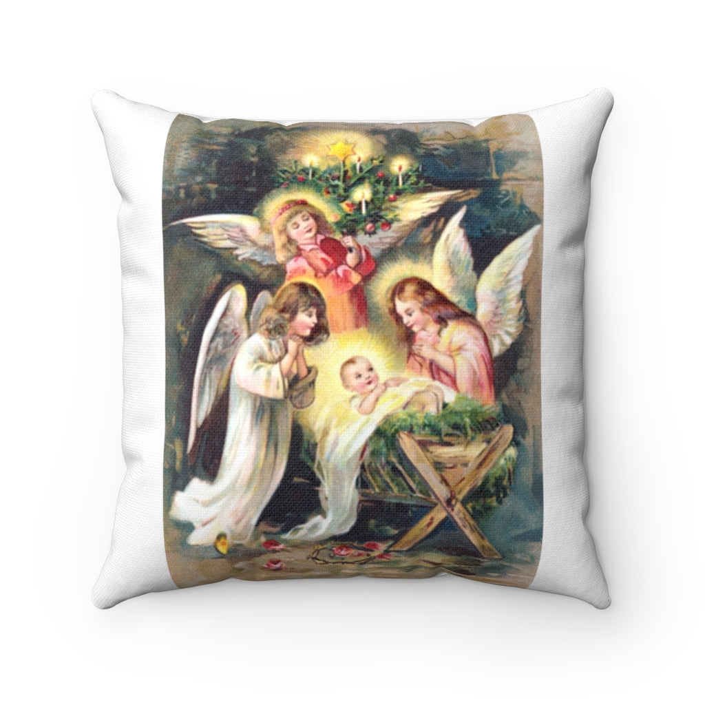 Angels Watching Over Baby Jesus Vintage Christmas Decor Spun Polyester Square Pillow