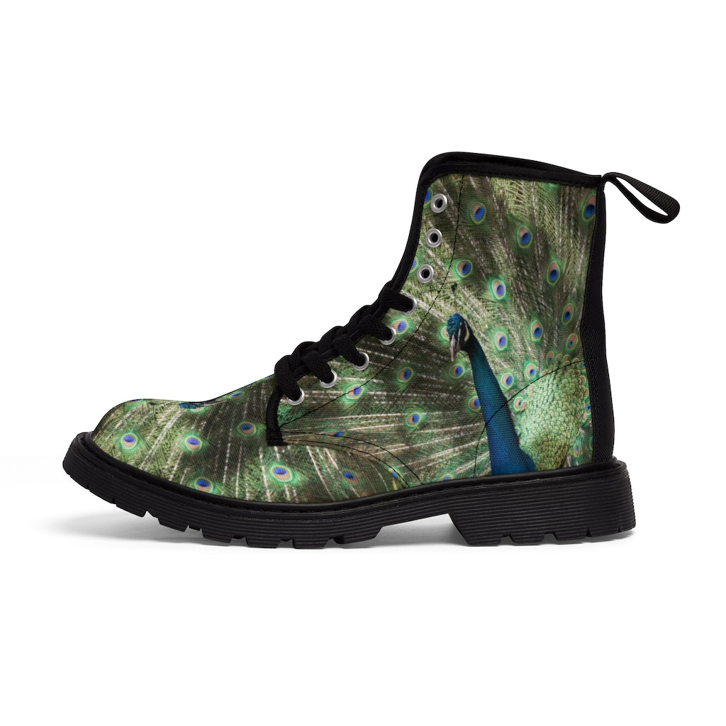 Peacock Blue with  Green Feathers Women's Canvas Boots