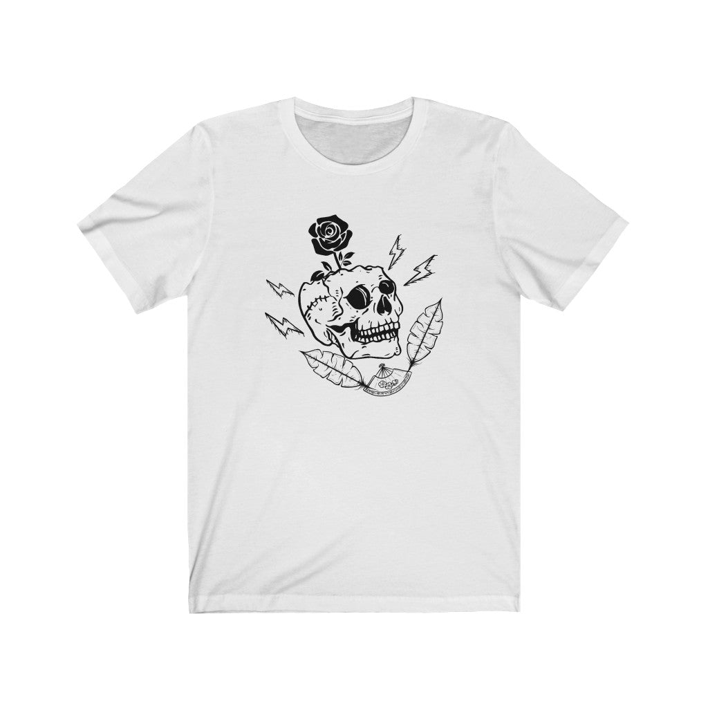 Skull Shirt Drawing with Flower Unisex Jersey Short Sleeve Tee