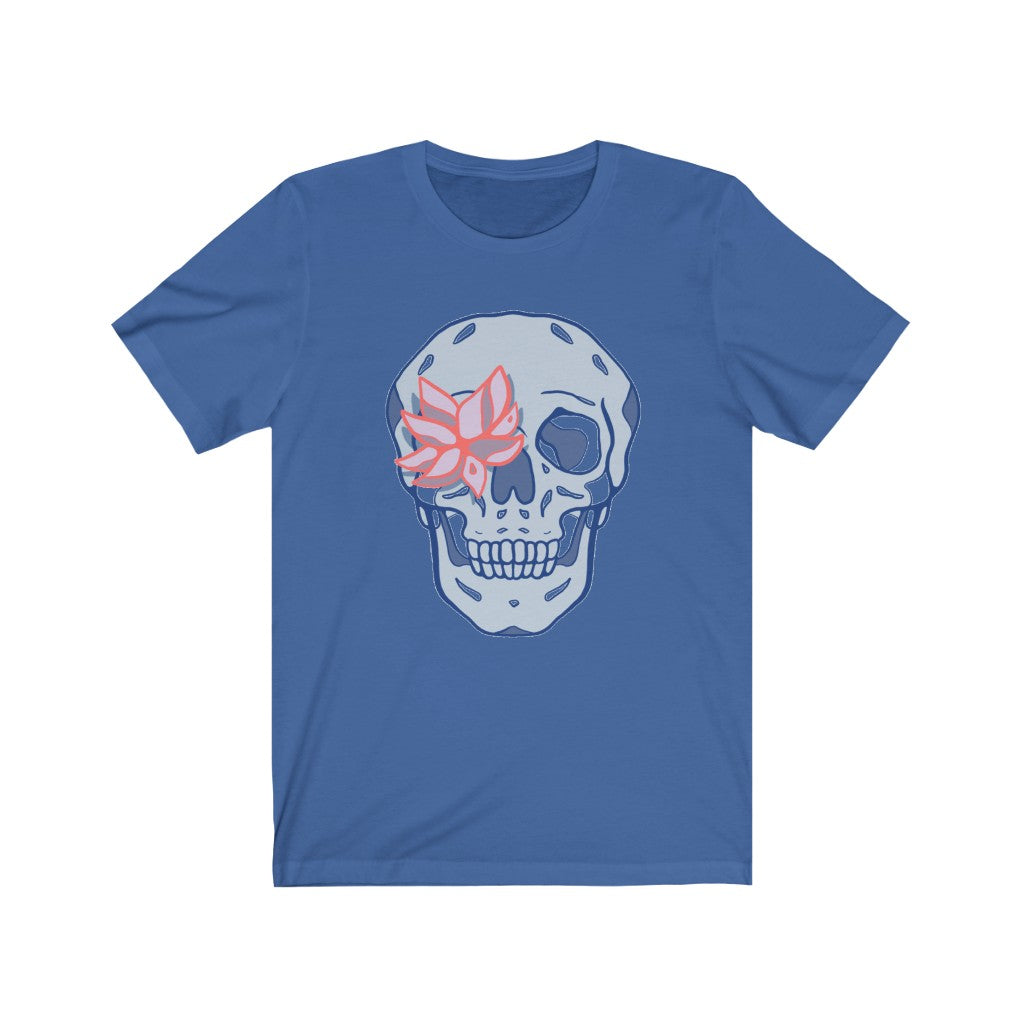 Blue Skull Shirt with Pink Flower Eye Unisex Jersey Short Sleeve Tee