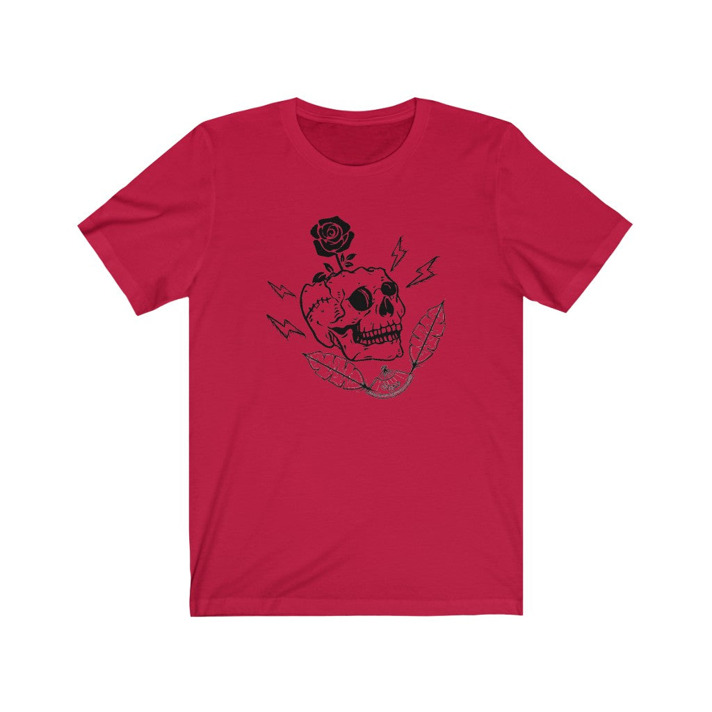 Skull Shirt Drawing with Flower Unisex Jersey Short Sleeve Tee
