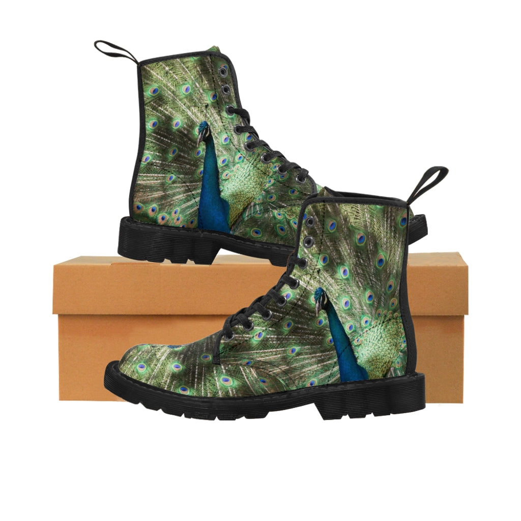 Peacock Blue with  Green Feathers Women's Canvas Boots