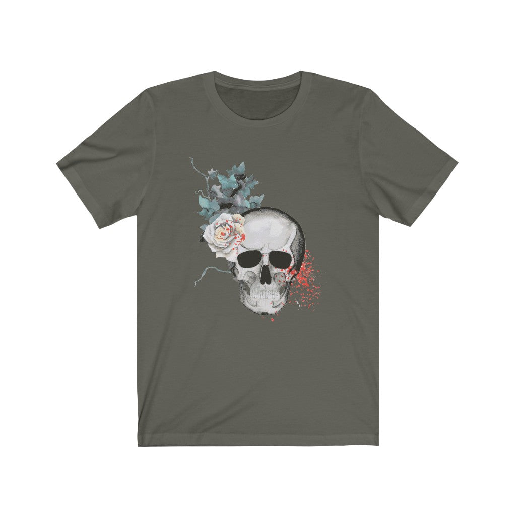 Skull Shirt White Flowers and Leaves Unisex Jersey Short Sleeve Tee