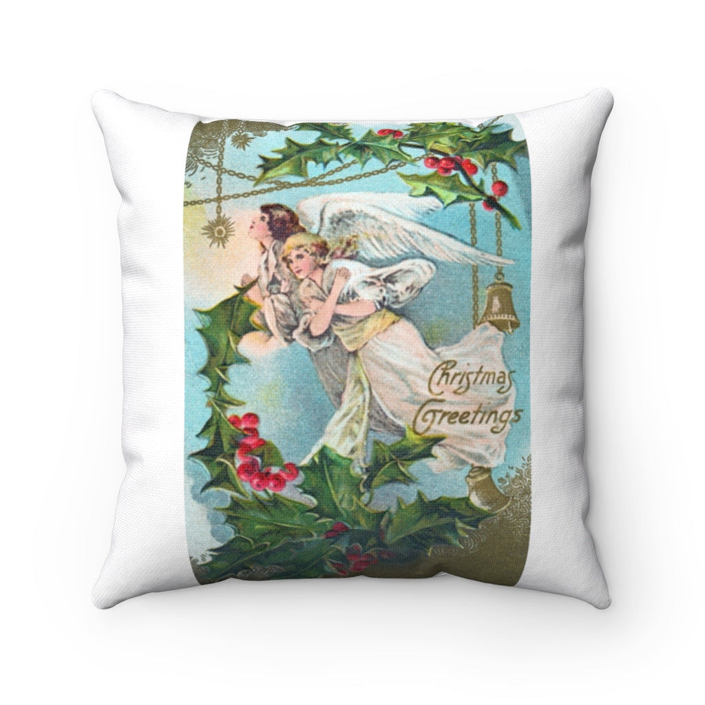 Angels Flying Over Wreath Vintage Christmas Decor Spun Polyester Square Pillow