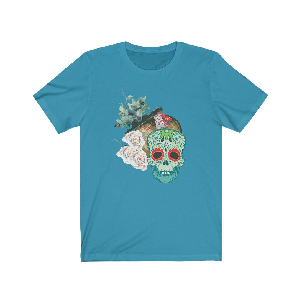 Blue Sugar Skull Shirt White Flowers and Leaves Unisex Jersey Short Sleeve Tee