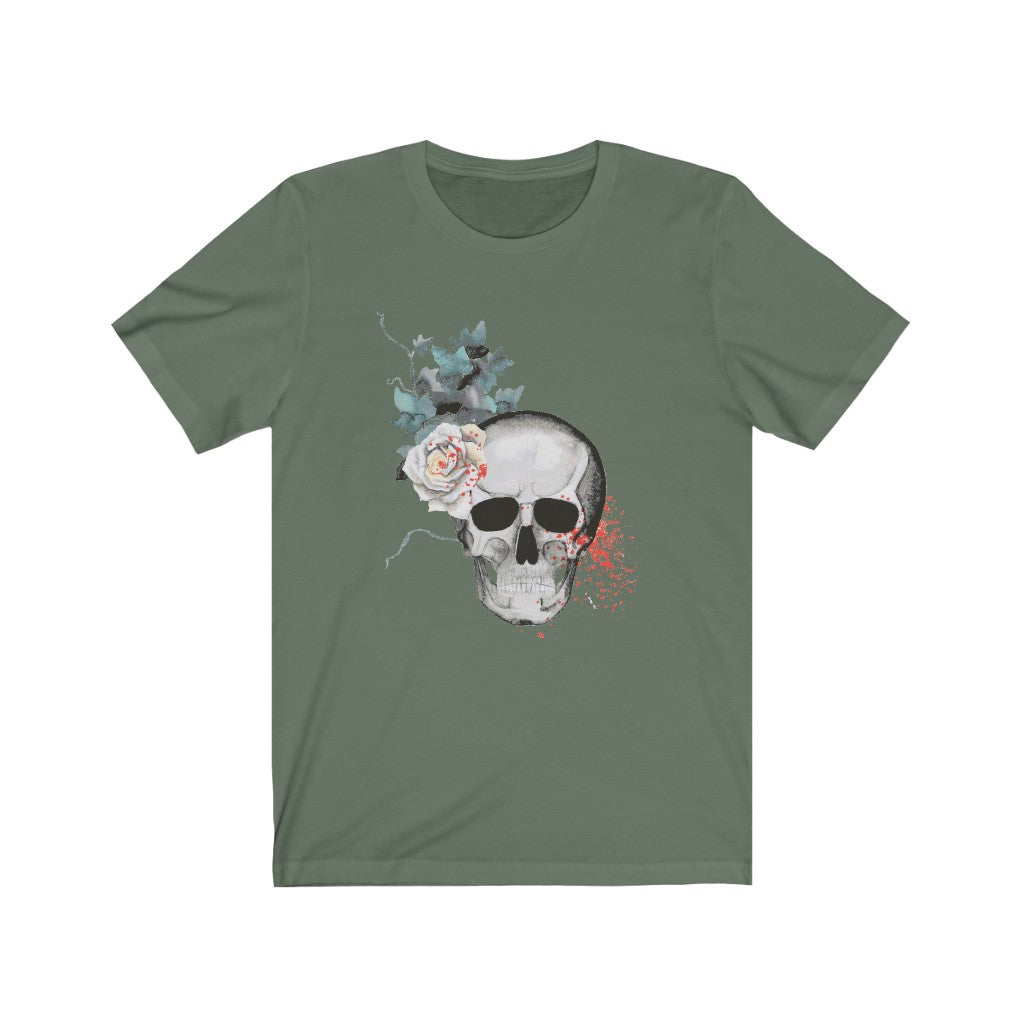 Skull Shirt White Flowers and Leaves Unisex Jersey Short Sleeve Tee