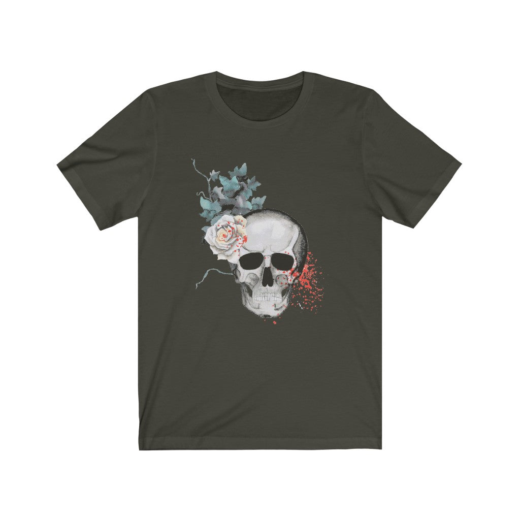 Skull Shirt White Flowers and Leaves Unisex Jersey Short Sleeve Tee